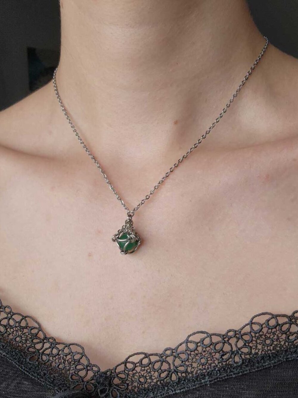 Vintage green and silver necklace with a small silver chain